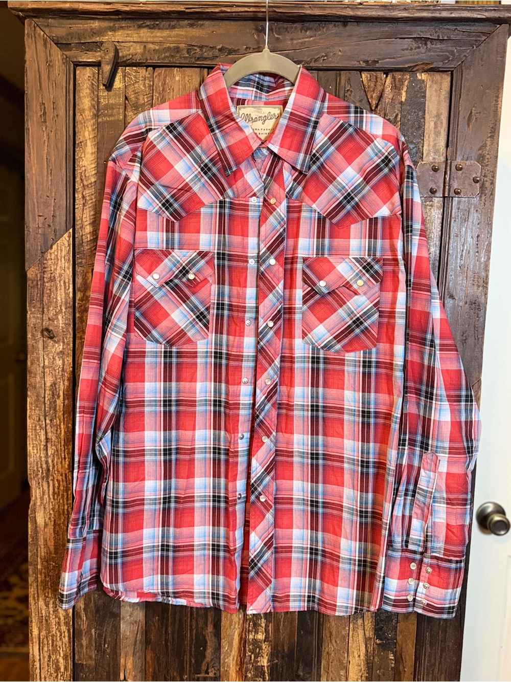 Wrangler Western Pearl Snap Shirt Men Red Plaid Cowboy Rodeo 55% Cotton L